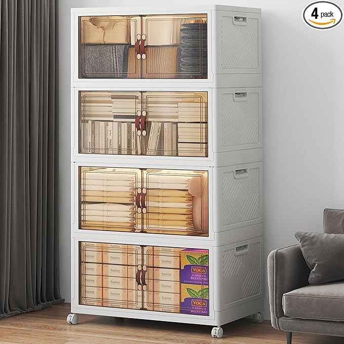 UAMFURI Stackable Storage Bins with Lids, 480QT Closet Organizers, Lockable Storage Cabinet，Foldable Storage Box with Doors and Wheels, Plastic Drawers for Home, Garage, Office (4, White, Large)