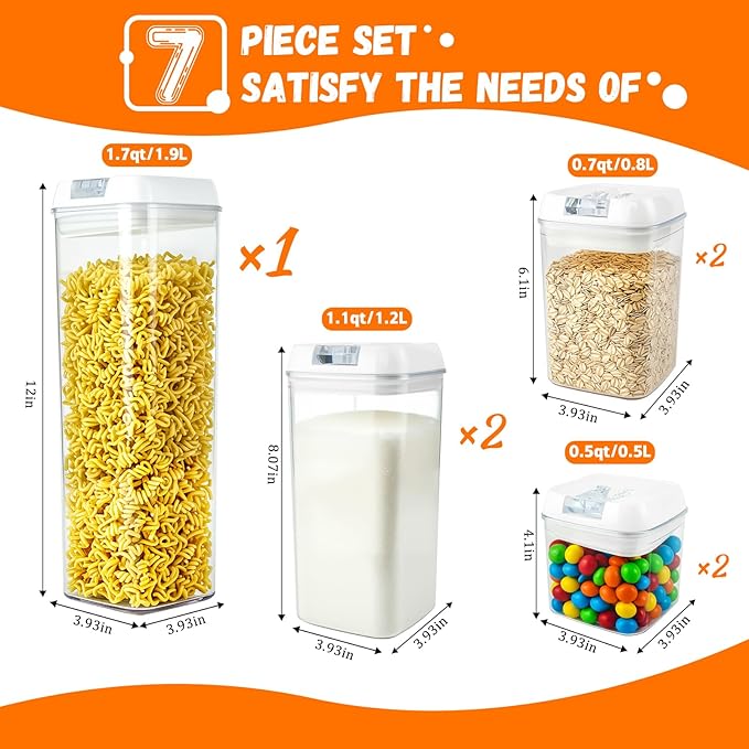 Airtight Food Storage Containers with Lids 7 pcs Plastic Kitchen and Pantry Organization Canisters for Cereal, BPA Free Kitchen Canisters for Spaghetti, Pasta (Airtight Food)