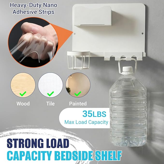 Floating Bedside Shelf & Bedside Wall Organizer, Metal with Detachable Cup Holder, No-Drill Wall Mounted Storage for Bedroom, Dorm, Teen Girls Room, Loft Bed, RV, Bunk Bed & Small Space Organization