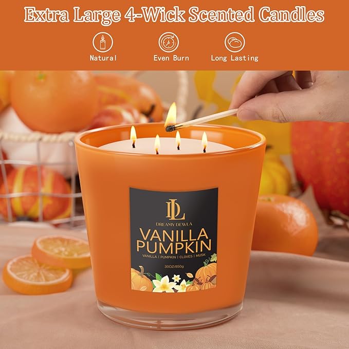 Large Candle Vanilla Pumpkin Scented, 4 Wick Natural Soy Candles for Home Scented, 30oz Big Candle Long Lasting, Home Aromatherapy Candles Housewarming Gift for Women Men