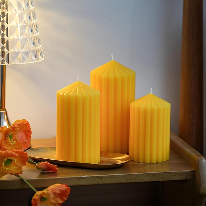 3 Pack Yellow Ribbed Pillar Candles - Soy Wax Unscented, 2.76" x4.2/4.9/5.9 in Smokeless Non Toxic Cotton Wick, Aesthetic Modern Candles for Home Decor, Dinner Table, Living Room, Housewarming Gift
