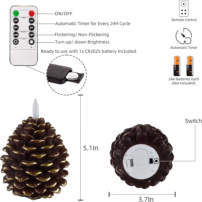 2pcs Flameless Pinecone Candles with Remote, Battery Operated Pine Cone Candles Real Wax Winter Decor, Flickering LED Christmas Decoration, D3.5 x H5 Inch, Brown & Gold Trim
