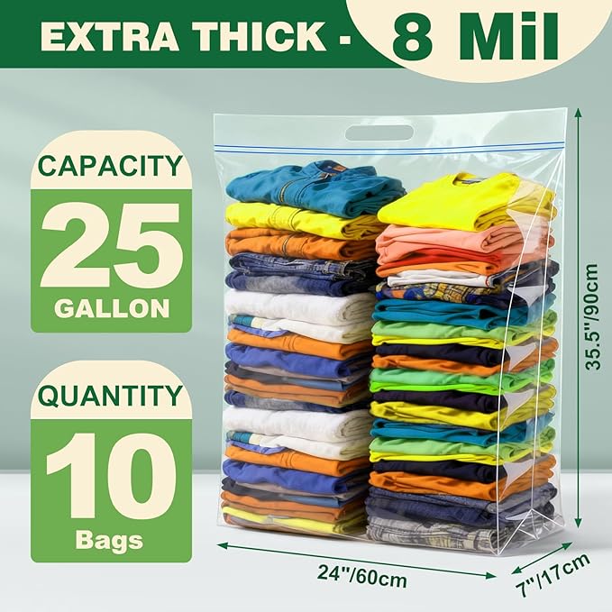 10 PACK 25 Gallon Extra Large Storage Bags, 35.5"x 24"x 7" Resealable Clear Zipper Bags with Handle, Heavy Duty Big Bag for Clothes Pillow Travel Moving, Expandable Bottom, 8 Mil Thick