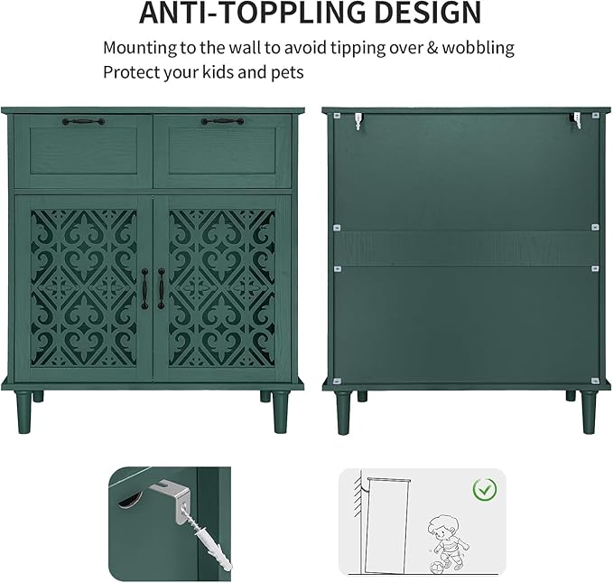 vistavie Green 2 Doors 2 Drawers Buffet Sideboard Cabinet - Accent Cabinet with Adjustable Shelves，31.5 Inch Wide Wood Storage Cabinets for Dining Room,Study Room and Kitchen