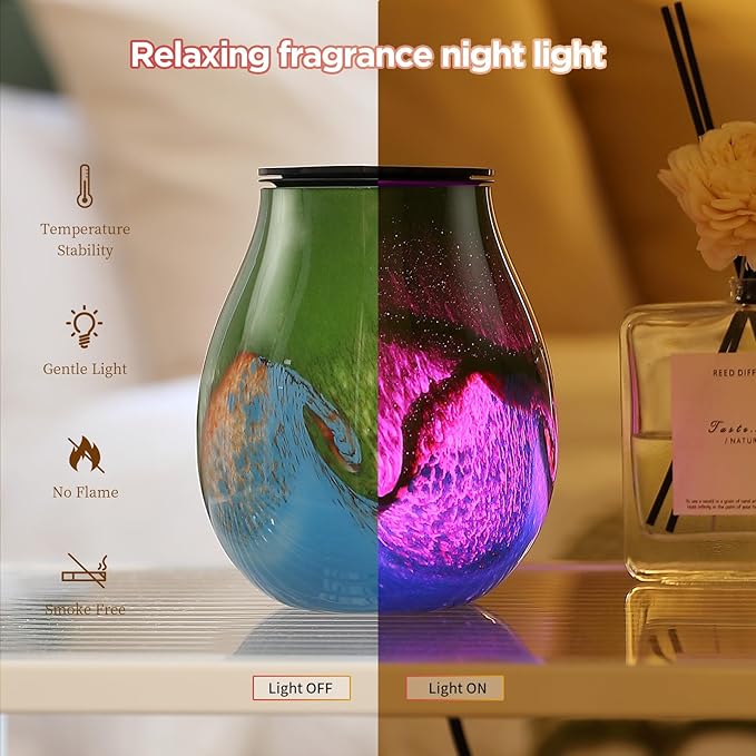 Glass Electric Wax Melt Warmer Oil Burner with Stable Heating PTC Reusable Silicone Tray 7 Colorful Changing Led Light Night Light Scent Warmer for Home Fragrance Warmers-GreenTimer