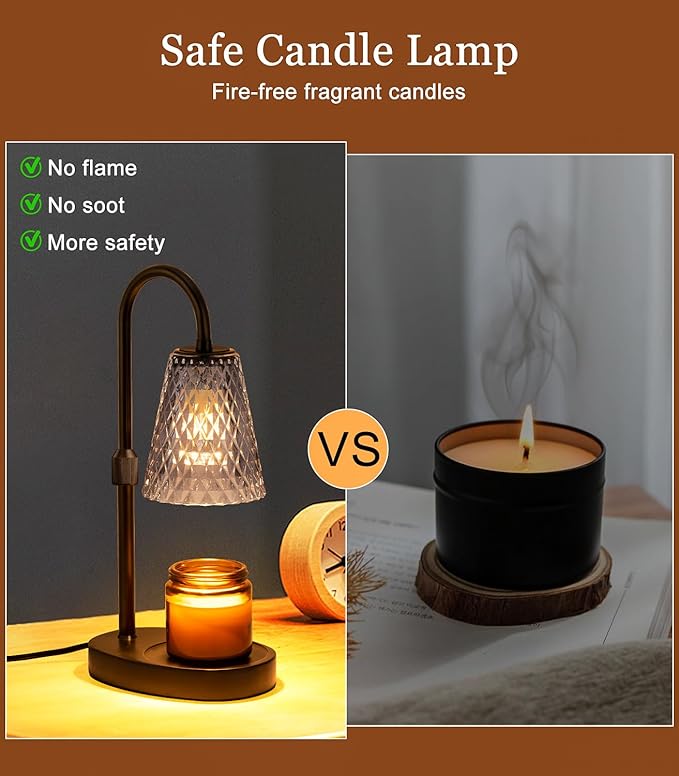 Candle Warmer Lamp Electric Timer - Candles Wax Warmers Glass Lamps for Jar Candles Burner No Flame Scented Melting Warming Lantern Adjustable Height Dimmable Light with 2 Bulb for Home Living Bedroom