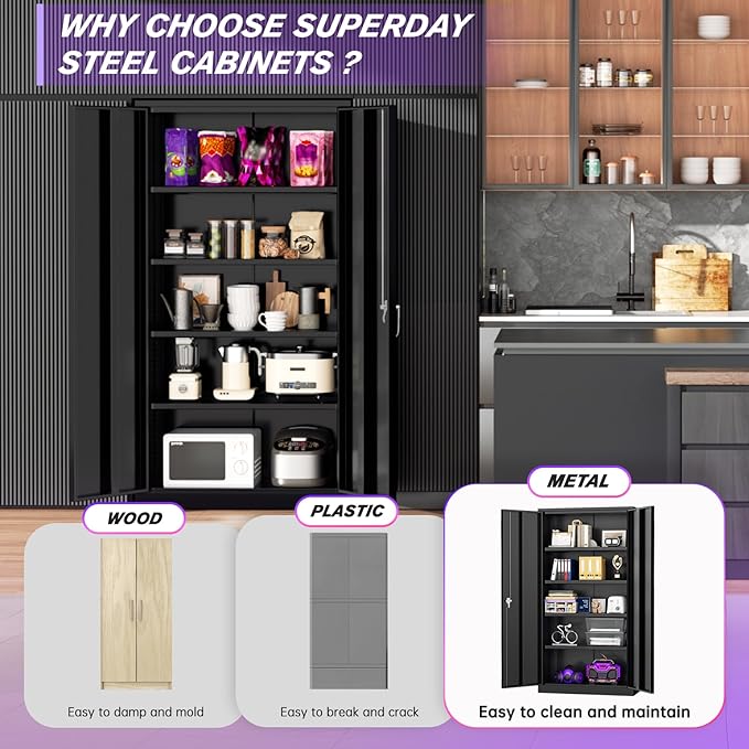 Superday Metal Storage Cabinets, 72" Storage Cabinet with Locking Door, Tall Garage Cabinet with 2 Doors and 4 Adjustable Shelves for Home Office, Classroom, Easy Assemble(Black)
