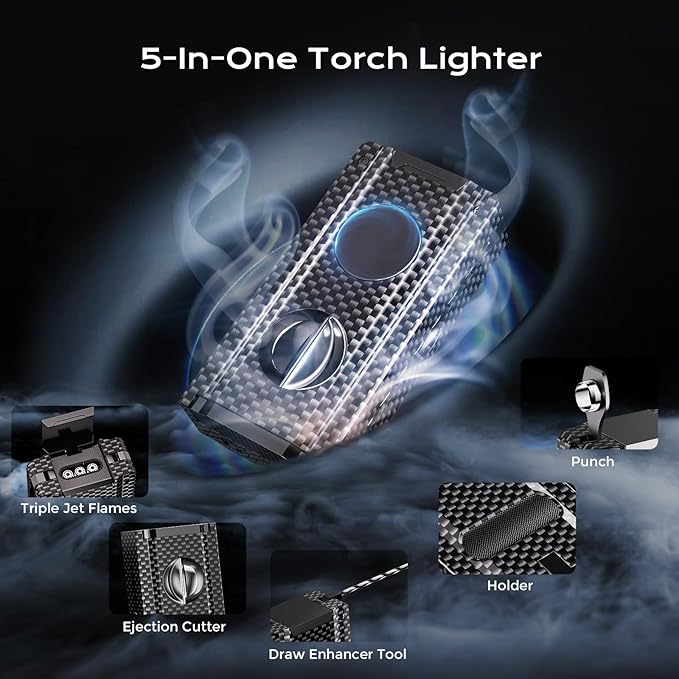 5-in-1 Torch Lighter with Tool, Punch, Holder, Draw Enhancer, Refillable Butane Torch Lighter, Multifunctional Accessories Gift, Windproof Triple Flame Lighters for Candles, Travel, Outdoor