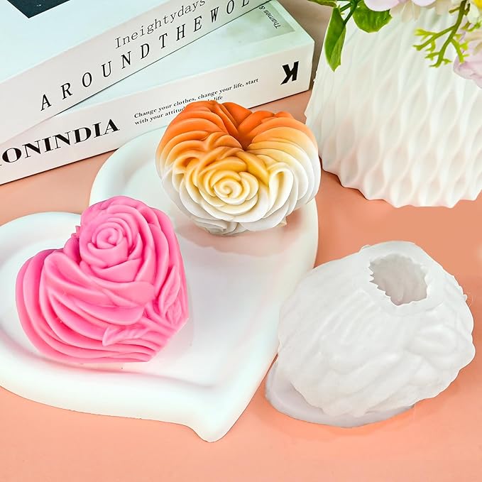Rsoe Candle Molds, 3D Heart Shaped Rose Flower Silicone Molds for Candle Making, Handmade Soap, Love Roses Resin Casting, DIY Home Decor Valentine's Day Mothers Day Gift