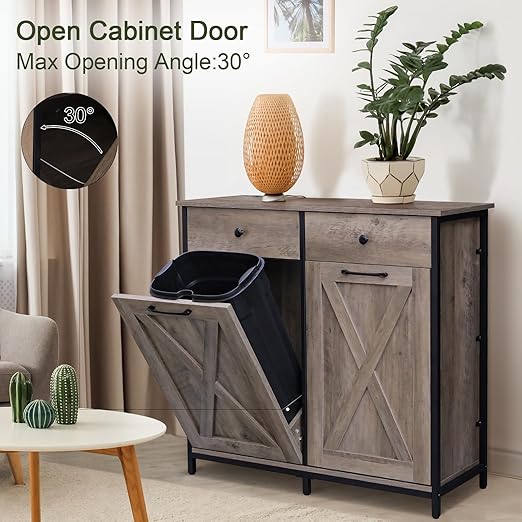 Clevich Double Tilt Out Trash Cabinet 20 Gal, Kitchen Wooden Recycling Cabinet, Hidden Garbage Can Holder w/Drawers & Tabletop, Dog-Proof Trash Bin Cupboard, Rubbish Bins NOT Included(Gray)