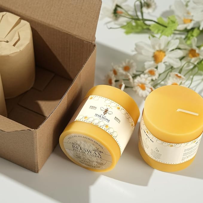 3 Pack Natural Beeswax Candles,132 Hours Long Burning-Bees Wax Candles for Home,100% Pure Beeswax Pillar Candle for Emergency,Paryer,Parties,Unscented Dripless Smokeless Pillar Candle Bulk 2.8x3in