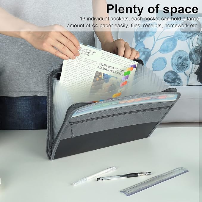 NAFY Expanding File Folders, 13 Pockets Document Organizer with Zipper, A4 Letter Size Portable Accordion Expanding File Folders with Multicolor Labels for Home Office School Supplies (Black 2 Pack)