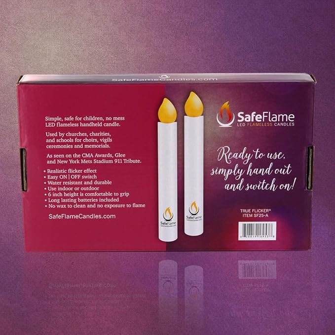 SafeFlame Flickering Hand Held LED Candles - Batteries Included - Easy On/Off Switch - Safe Flame for Candlelight Service (Box of 25) (Amber)