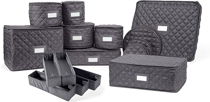 Covermates Keepsakes Dish Storage Set – Padded China & Dinnerware Storage Cases with Dividers, Cup & Stemware Storage, Quilted Polyester Protection, ID Window, Slate
