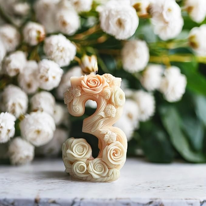 Flower Number 3 Silicone Candle Mold, Decorative Floral Number Candle Mold for Wax and Resin Crafting