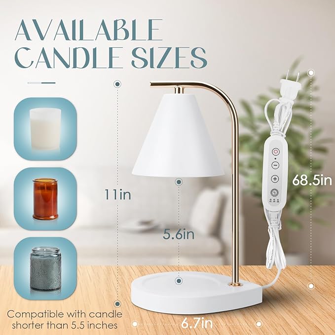 Aimoptg Candle Warmer Lamp with Timer, Dimmable Candle Lamp for Small and Large Jar Candles, Modern Candle Warmer Lamp with 2 Bulbs(White Gold)