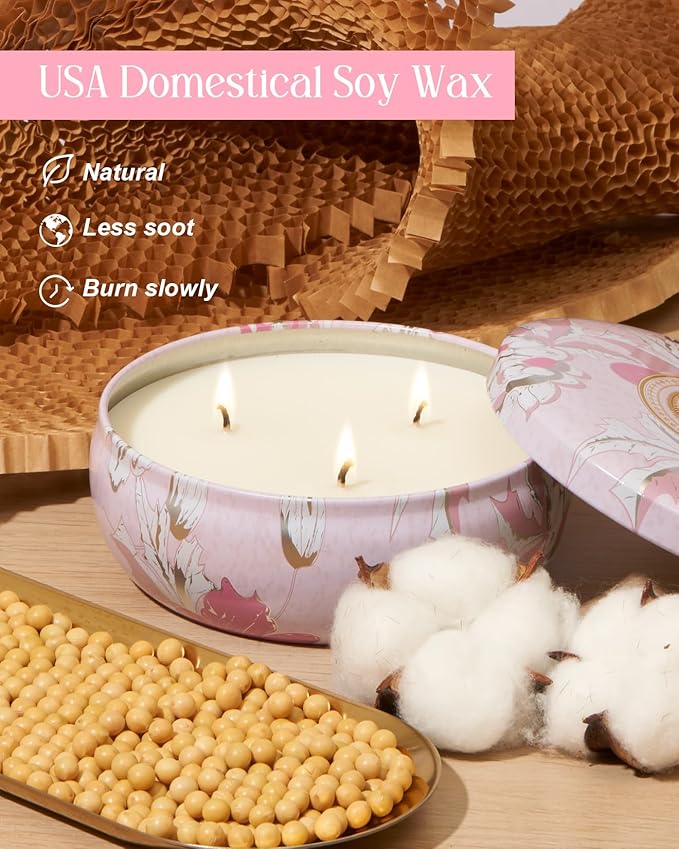 M&SENSE Cherry Blossom Scented Candles 12 oz, Large 3 Wick Soy Tin Candle, Over 40 Hour Burning Time, 100% Natural Vegan Wax, Relaxing Aromatherapy Aesthetic Candle Gift for Women and Men