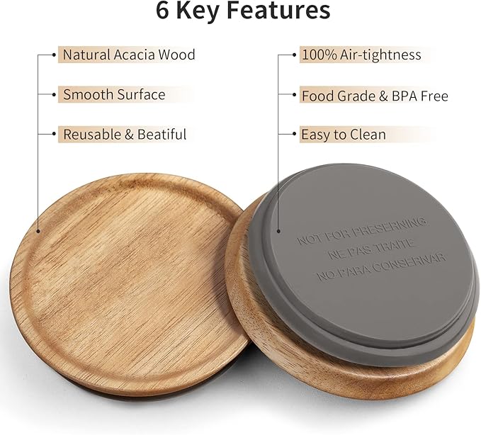 Wooden Storage Lids for Ball/Mason/Kerr Jars, Food Grade Material, Reusable canning lids with Silicone Seal, 100% Fit & Airtight for Jars (12PCS-Regular)