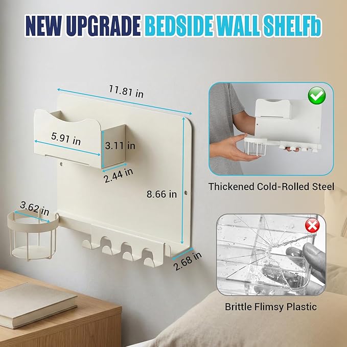 Floating Bedside Shelf & Bedside Wall Organizer, Metal with Detachable Cup Holder, No-Drill Wall Mounted Storage for Bedroom, Dorm, Teen Girls Room, Loft Bed, RV, Bunk Bed & Small Space Organization