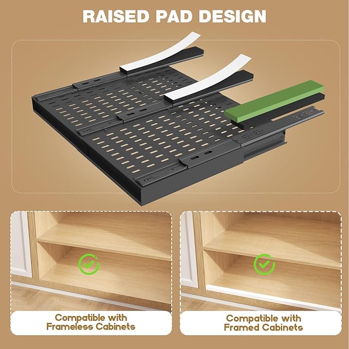 2 Pack Pull Out Cabinet Organizer With Raising Pad for Framed Cabinets,Expandable Width (15"-25") and Depth (17"-24"),3 Slide Rails Slide Out Drawers with Handle,No-Drill Roll Out Shelf,Black