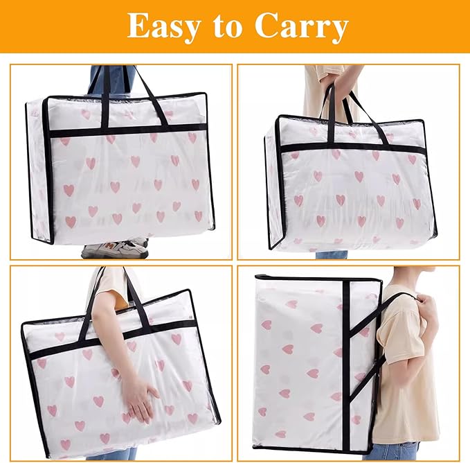MEETOZ 4 Pack Clear Plastic Storage Bags, 40L Foldable Clothes Storage Boxes, Wardrobe Organizer Moving Bags with Reinforced Handle for Loft Wardrobe for Bedding Clothes