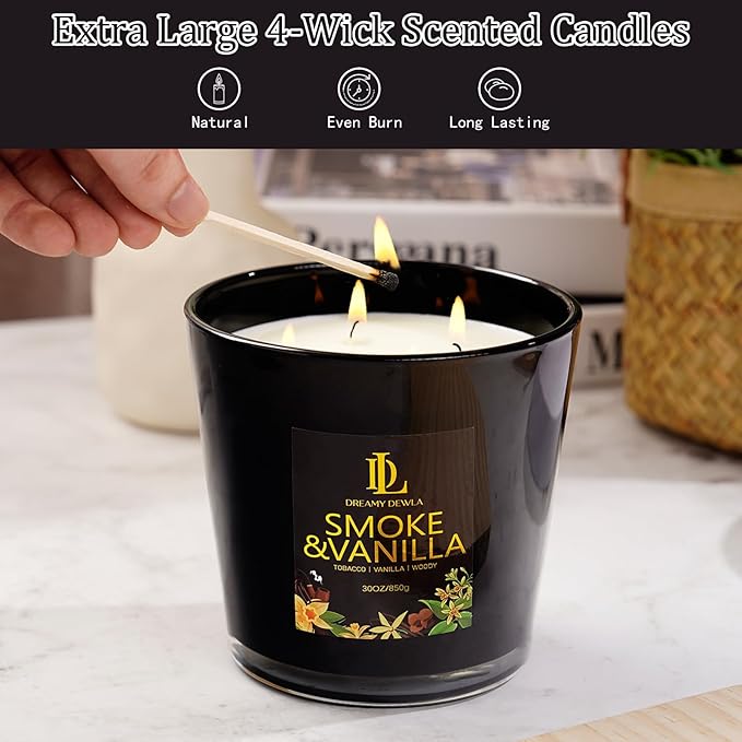 Smoke & Vanilla Scented Candle, Large 30oz Natural Soy Candles, 4-Wick 80 Hour Burn Time, Masculine Candle - Home Fragrance Candles Housewarming Gift for Men