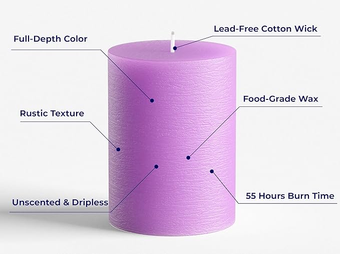 Set of 3 Pillar Candles 3" x 4" Unscented Handpoured Weddings, Home Decoration, Restaurants, Spa, Church Smokeless Cotton Wick - Lilac