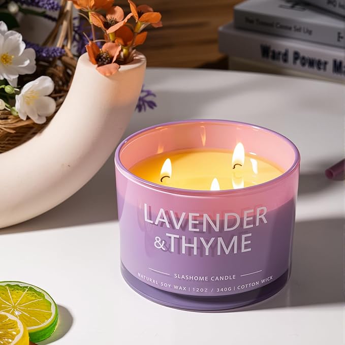 Lavender Thyme Scented Candle, Luxury Large 3 Wick Soy Candle 12 Oz, 60+ Hour Long Lasting Clean Burn, Elegant Aromatherapy Home Decor, Housewarming & Birthday Gift for Men & Women
