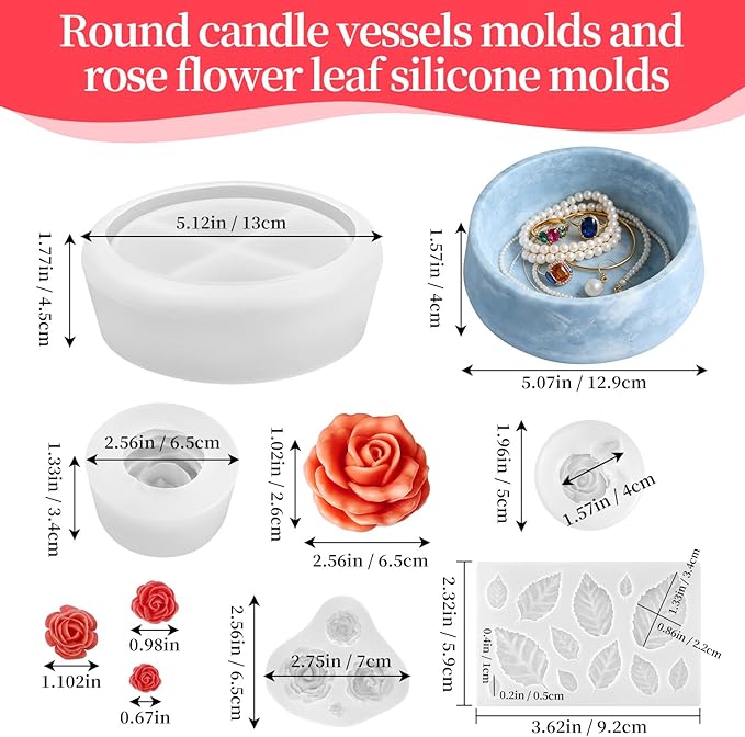 Rose Candle Molds, 5Pcs Rose Silicone Molds for Candle Making, Roses Flower Leaf Mold and Round Candle Vessel Mold Set for Scented Candles, Handmade Soap, Epoxy Resin Casting, Mom Gifts
