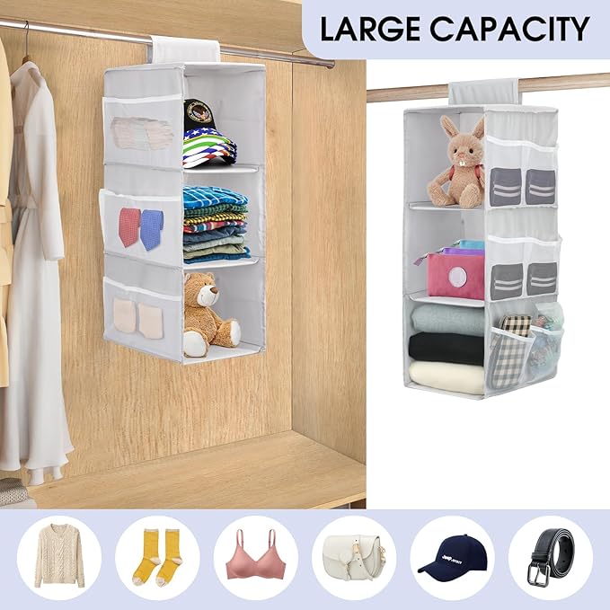 PetsHome 3-Shelf Hanging Closet Organizer, Space Saver, Closet Hanging Storage Shelves with Mesh Pockets & Magic Tap for Storage, Foldable-Grey