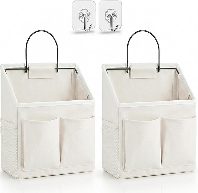Kanrichu 2pcs Wall Hanging Organizer Bag, Linen Fabric Door Hanging Storage Basket with Pockets, Waterproof Bin for Kitchen, Bedroom, Office, RV Camper (White-Upgraded)