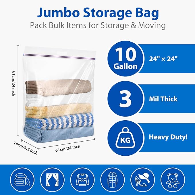 10 Gallon Large Handy Storage Bags, Pack of 3, 24"x24" Clear Plastic Zipper Storage Bags with Handle, Resealable Heavy Duty Jumbo Ziplock Storage Bag for Linens, Clothes, Baby，Sports, 3 Mil Thick