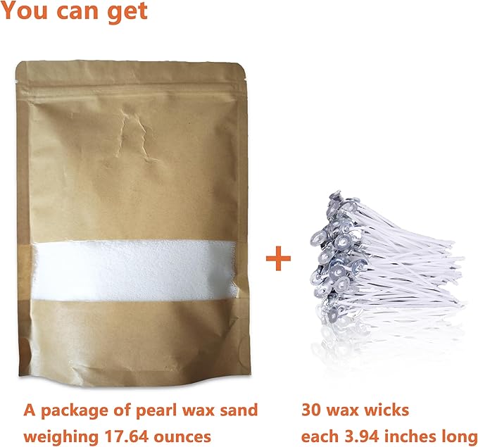 DRMAISON Pearled Candle Wax Sand DIY Kit - 17.6 oz, White, Non-Toxic&Smoke-Free, Refillable with 30 Wicks, Long-Lasting Flame, Highly Customizable for Wedding, Party&Holiday Decor