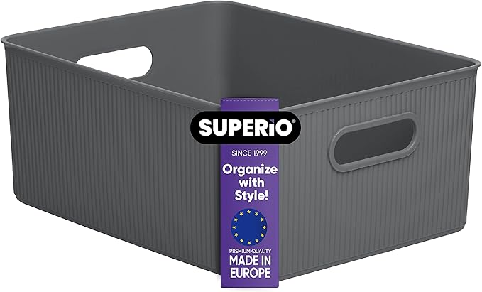 Superio Ribbed Collection - Decorative Plastic Basket Open Home Storage Bins Organizer, Large Grey (1 Pack) Container Boxes for Organizing Closet Storage Bins for Shelves 15 Liter/16 Quart