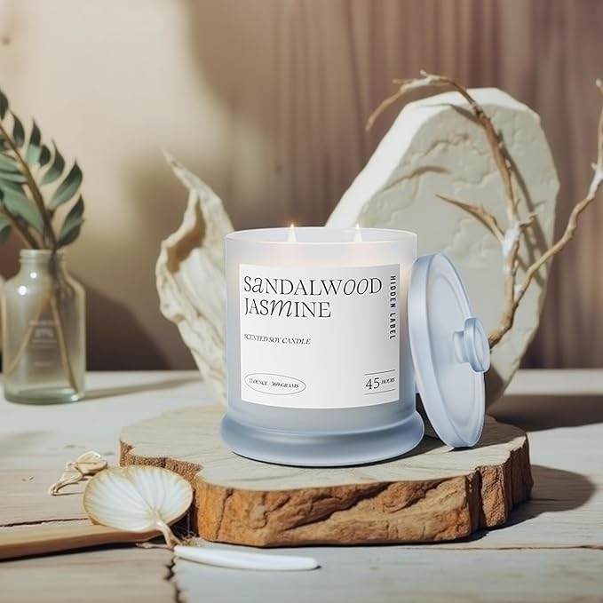 Sandalwood Jasmine Scented Candle, 13oz Natura Soy Wax Non Toxic, 2 Wicks Large Candles for Home Scented, 75Hs Long Lasting Clean Burn | Aromatherapy Candle for Home Decor, Stress Relief & Relaxation