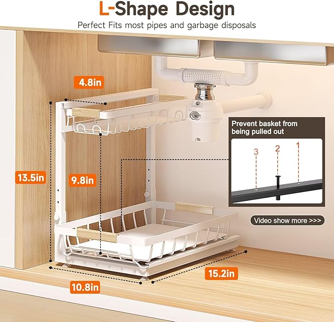 2 Packs Under Sink Organizer, Height Adjustable 2 Tier Under Kitchen Sink Organizer, Multi-Purpose Storage Shelf for Kitchen Bathroom Cabinet (White, Extra Large)