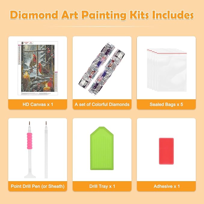 MOGTAA Christmas Diamond Art Kits for Adults, 5D Full Drill Cardinal Diamond Painting Kits for Adults Beginner, DIY Winter Round Diamond Dots for Adults, Gem Art for Home Wall Decor 12 X 16 Inch
