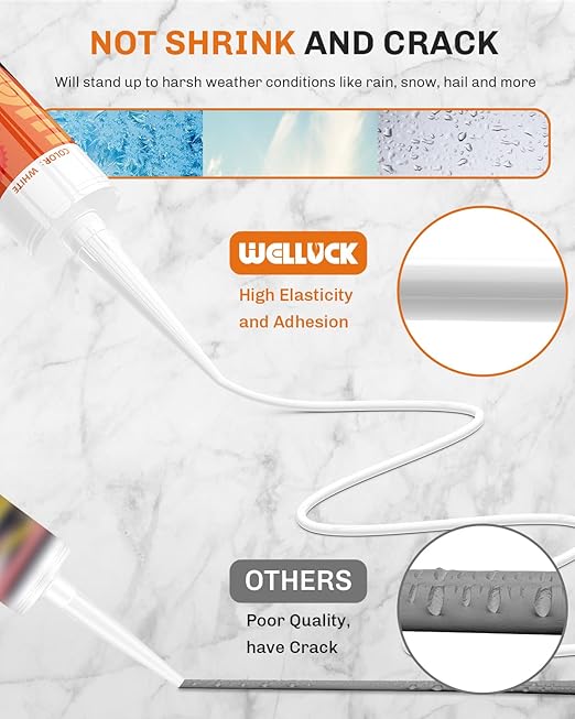 WELLUCK White Silicone Caulk, 100% Waterproof Silicone Sealant Adhesive Caulking,for RV, Kitchen,Bathroom, Window, Door, Glass,10.2FL.OZ/300ML (1Pack)