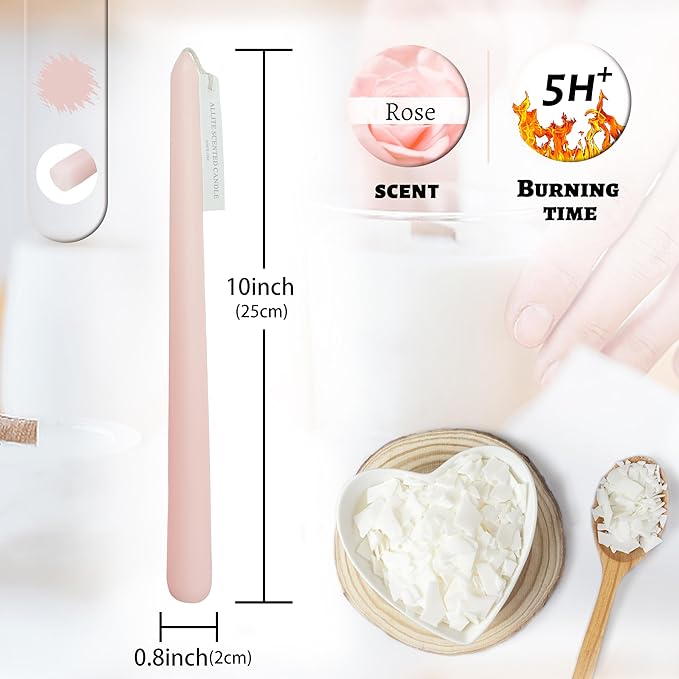 Handmade Light Pink Colored Taper Candlesticks Rose Scented Taper Candles Long Lasting Burn Candles Smokeless Aromatherapy Tall Candles 10 inch Elegant for Home Decoration Wedding Party Gift