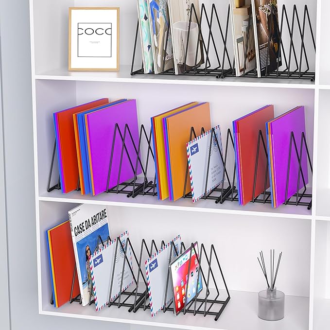 Triangle Desk File Organizer, 7 Slots Metal File Sorter Magazine Holder Document Rack,Desktop Bookshelf Organizer for Office Home School,Black