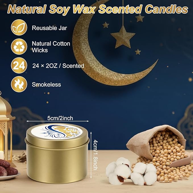 Nuanchu 24 Pack Eid Mubarak Scented Candles Gift 2 oz Blue Gold Star and Moon Design Ramadan Aromatherapy Soy Wax Jars Lasting Bulk Favors for Home Islamic Holiday Party Decor