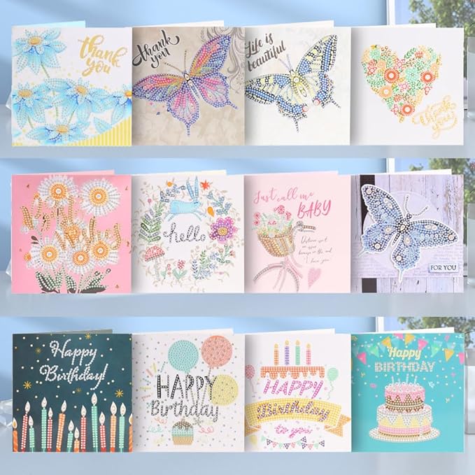 12pcs Painting Christmas Postcards Christmas Embroidery Kit 5D DIY Painting Greeting Card 15x15cm Art Craft for Birthday Festival