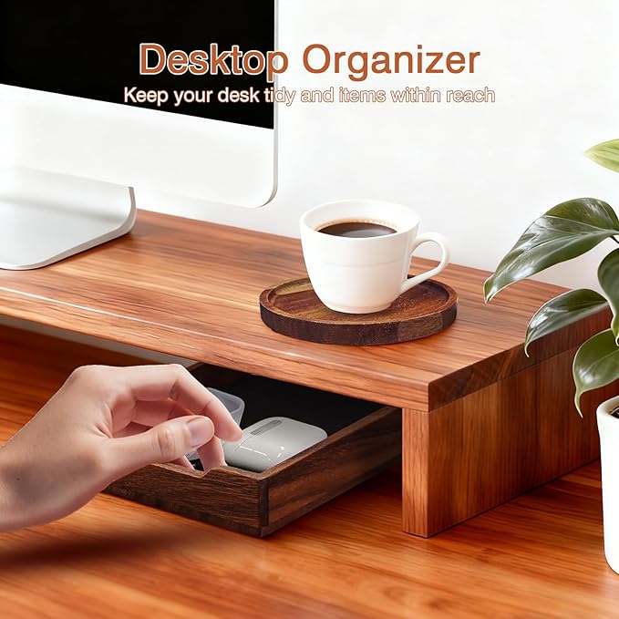 Walnut Desk Tray with Cup Coaster Set, Natural Wooden felt lined Desk Drawer Organizer for Keys, Pen, Watch, Home Office Desktop Accessories