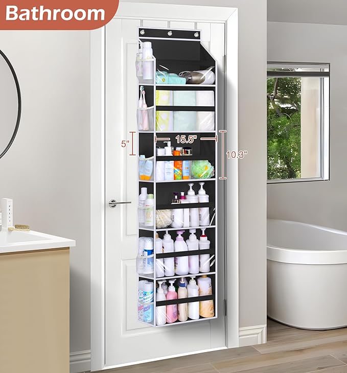 MISSLO Back of Door Storage Organizer Hanging with 6 Large Pockets 12 Side Pockets Closet Door Organizer Baby Organization for Bathroom, Pantry, Bedroom, Nursery, Clothes, Toys, Diapers, Black