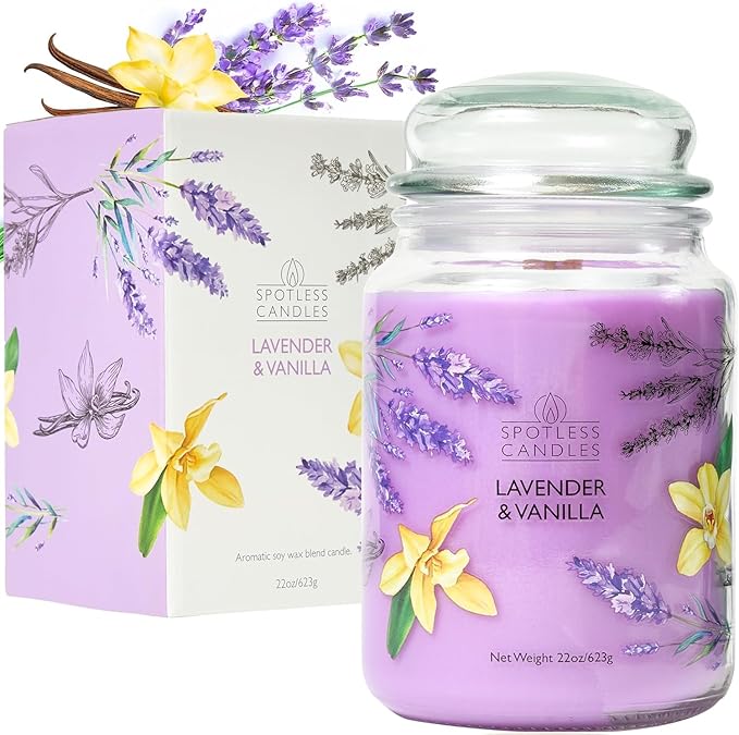 Vanilla & Lavender Candle 22oz Glass Jar with Wooden Wick in a Decorated Jar Within a Presentation Gift Box and Protective Shipping Box