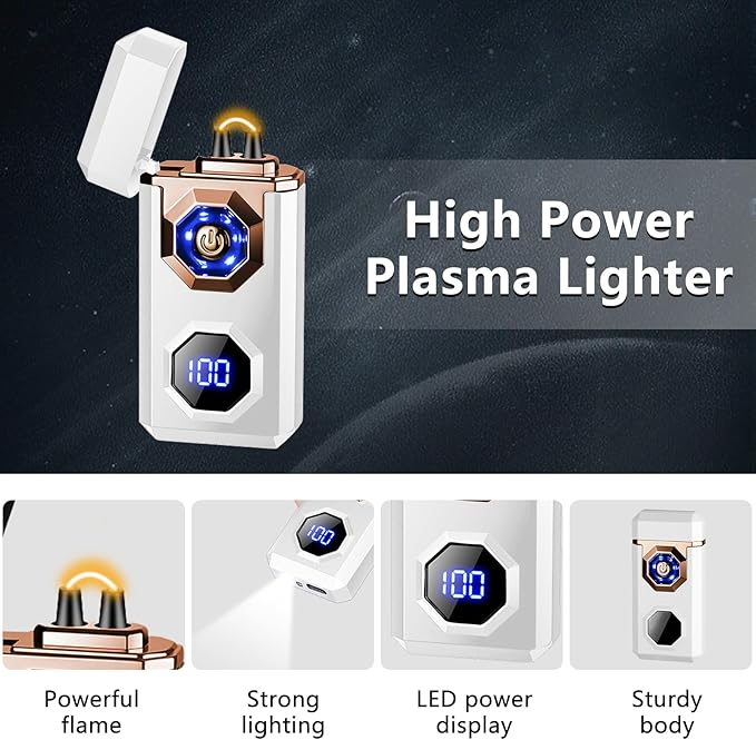 SKRFIRE Electric Lighter Rechargeable USB C Arc Plasma High Power Flame Cool Windproof Electronic Candle Lighter with LED Flashlight for Candle, Firework, Incense (Luminous White)