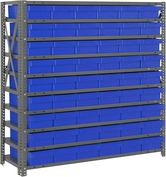 Quantum 1239-401BL Heavy Duty Shelving Unit with (7) Shelves and (36) Blue Bins (QED601) for Garage Warehouse Storage Distribution | 400 lbs Load Capacity | 12"D x 36"L x 39"H, Galvanized Carbon Steel