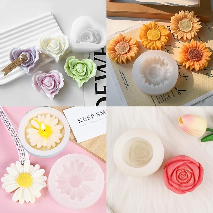 9 PCS Flower Candle Molds for Valentine‘s Day Rose Tulip Silicone Candle Mold Flower Shapes Moldes De Rosas Silicona para Velas for Soy Wax, Beeswax, Candle Making, Resin Craft