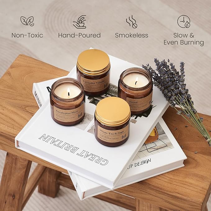 M&SENSE 4 Pack Christmas Candle Gift Set, Aromatherapy Candle Gift for Men and Women, Soy Wax Candles Home Scented, Long Lasting Amber Jar Xmas Candles for Christmas, Thanksgiving, Holiday