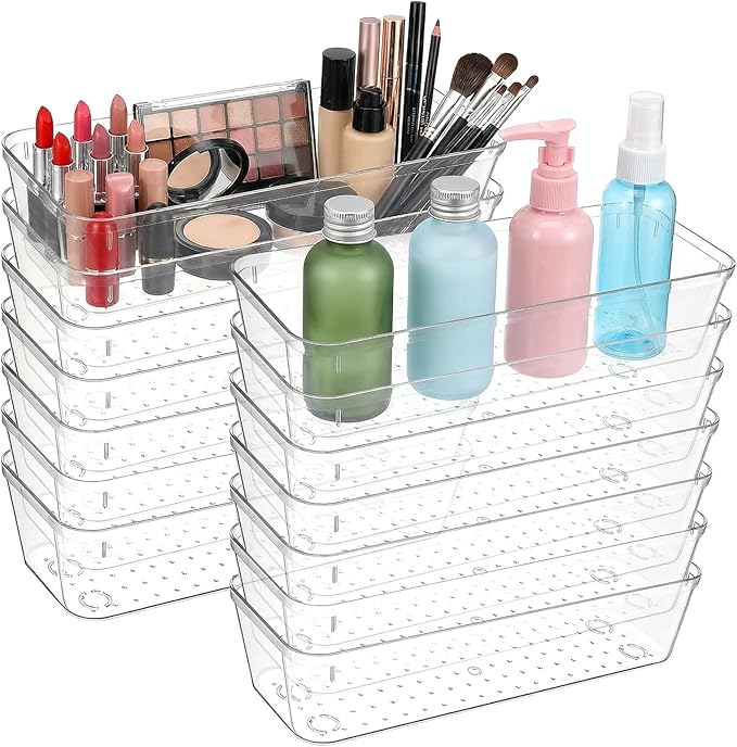 14PCS Vanity Drawer Organizer, 9 x 3 x 2 Inch Clear Plastic Silverware Utensil Organizers Bins, Versatile Desk Tray Drawers Dividers for Makeup Jewelry Kitchen Bathroom and Office Organization